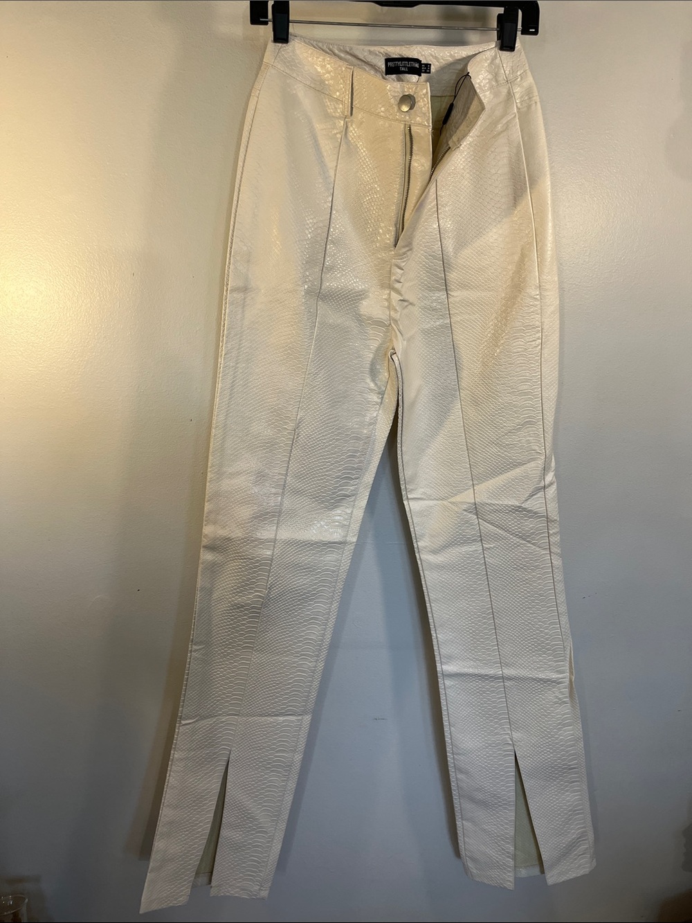 PrettyLittleThing Cream Textured Slim Trousers with Front Slits
